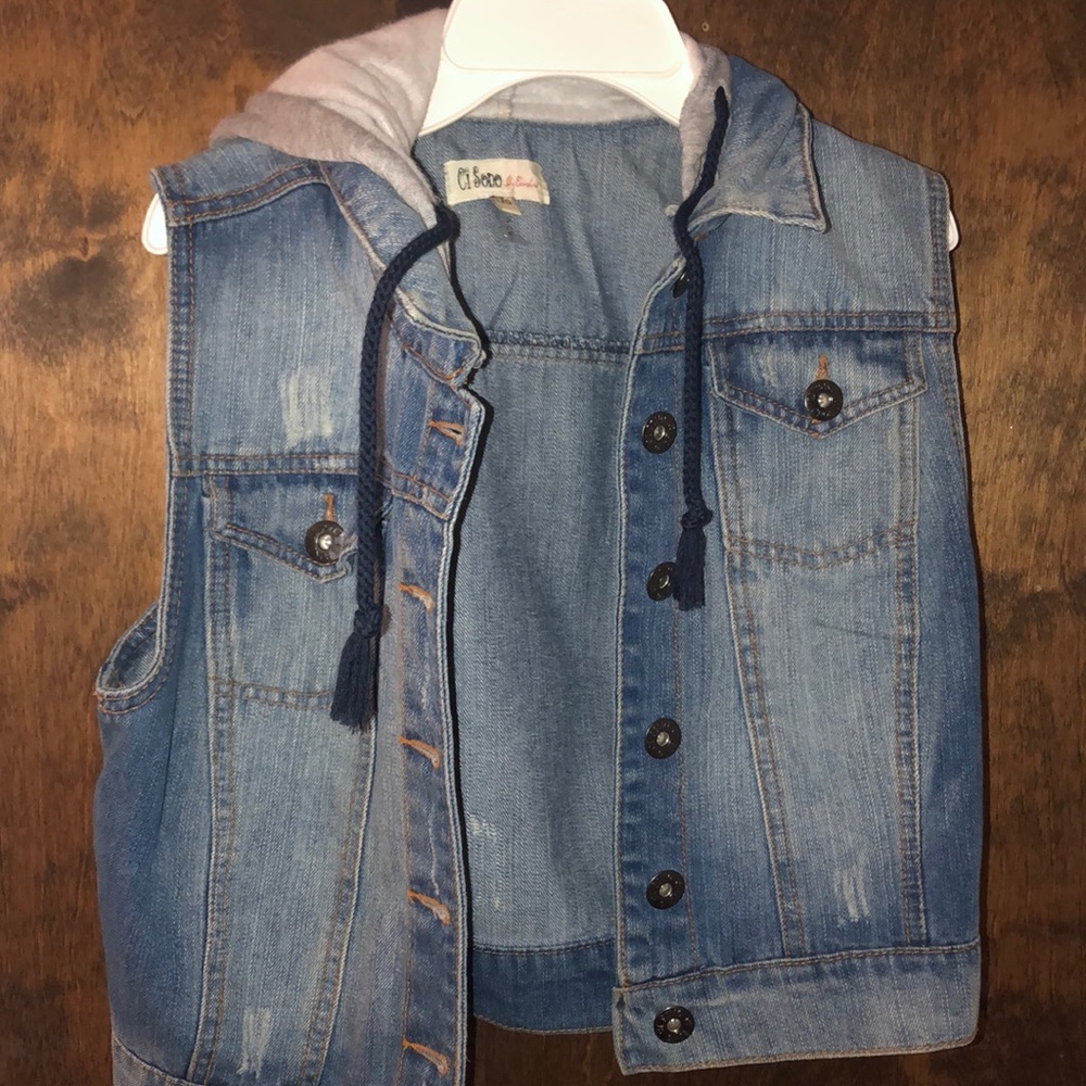 Blue jean vest with hood
